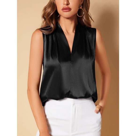 Rust orange Solid V Neck Satin sleeveless Blouse - Picture 3 of 12